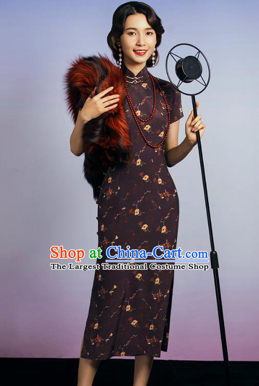 China Classical Deep Brown Silk Cheongsam Traditional Minguo Old Shanghai Singer Qipao Dress