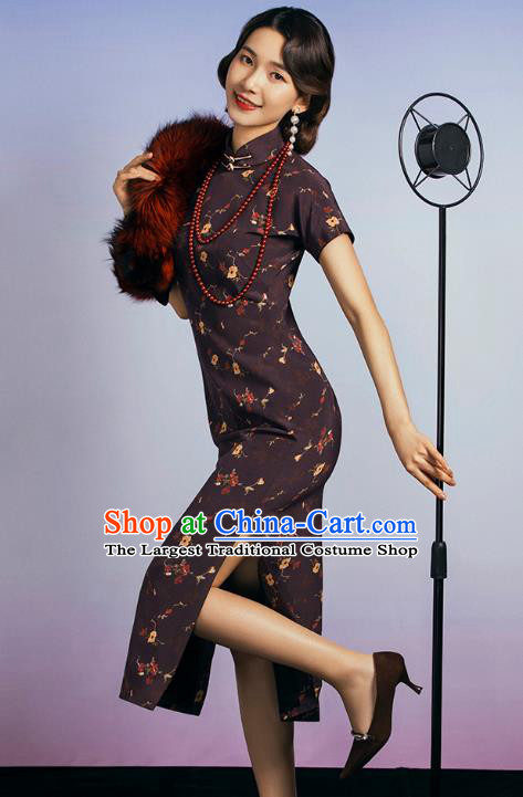 China Classical Deep Brown Silk Cheongsam Traditional Minguo Old Shanghai Singer Qipao Dress