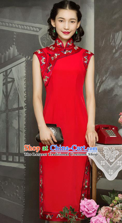 China Classical Sleeveless Cheongsam Traditional Minguo Embroidered Red Silk Qipao Dress