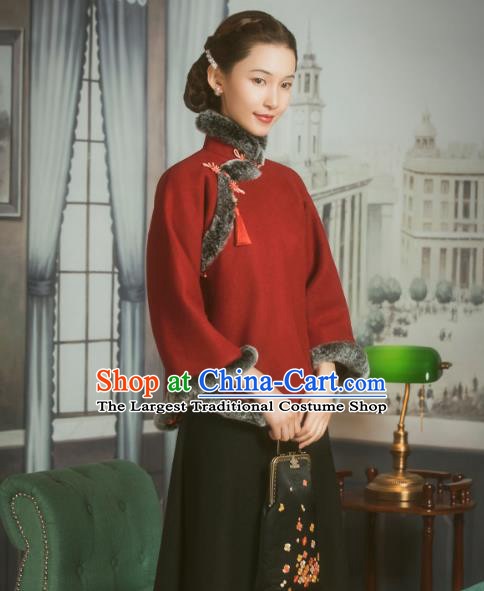Chinese National Winter Clothing Red Woolen Jacket Tang Suit Overcoat Outer Garment