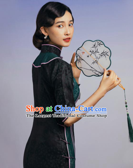 China Classical Plum Pattern Dark Green Silk Cheongsam Traditional Minguo Shanghai Qipao Dress