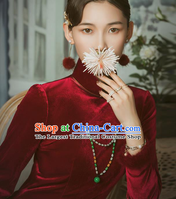 China Classical Wine Red Velvet Cheongsam Traditional Minguo Shanghai Young Woman Qipao Dress
