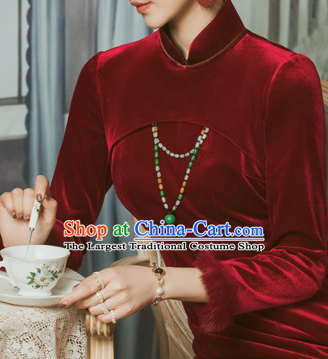 China Classical Wine Red Velvet Cheongsam Traditional Minguo Shanghai Young Woman Qipao Dress