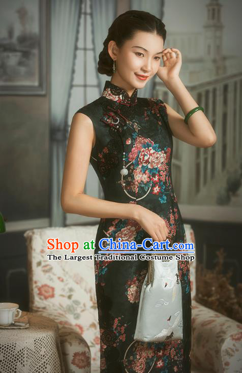 China Classical Printing Black Silk Cheongsam Traditional Minguo Shanghai Woman Qipao Dress