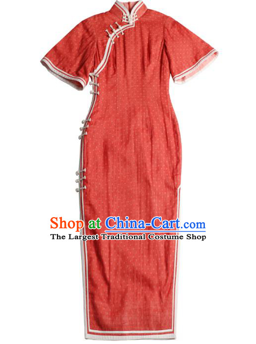 China Classical Red Flax Short Cheongsam Traditional Minguo Young Lady Qipao Dress