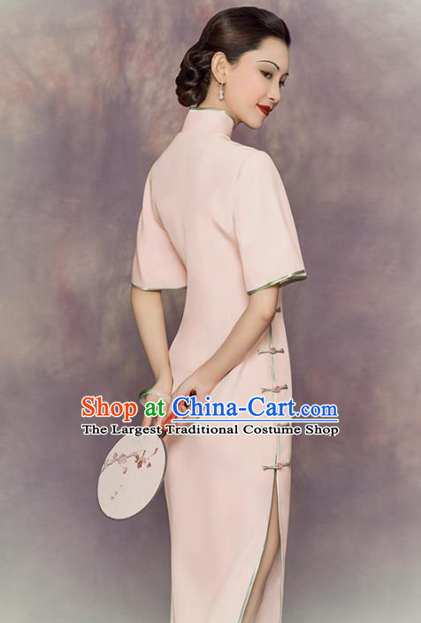 China Classical Shanghai Woman Cheongsam Traditional Minguo Embroidered Mangnolia Pink Silk Qipao Dress