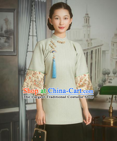 Chinese Woman Woolen Clothing Tang Suit Wide Sleeve Light Green Jacket National Outer Garment