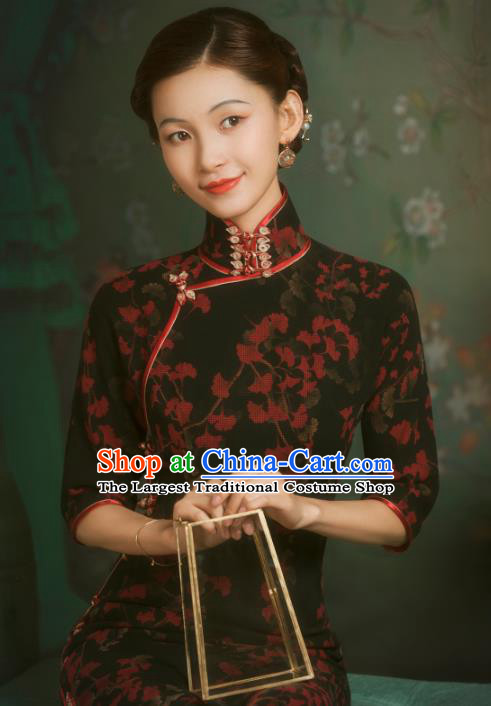 China Classical Black Gambiered Guangdong Gauze Cheongsam Traditional Minguo Old Shanghai Qipao Dress