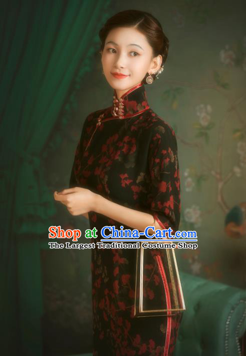 China Classical Black Gambiered Guangdong Gauze Cheongsam Traditional Minguo Old Shanghai Qipao Dress