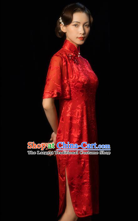 China Classical Wedding Bride Red Cheongsam Traditional Minguo Young Woman Wide Sleeve Qipao Dress