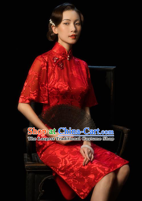 China Classical Wedding Bride Red Cheongsam Traditional Minguo Young Woman Wide Sleeve Qipao Dress