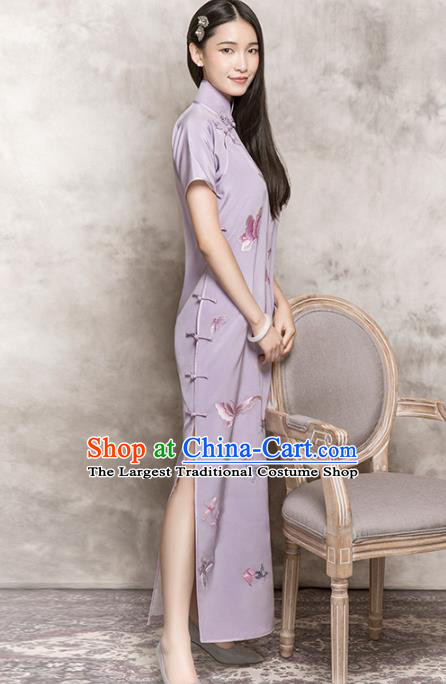 Republic of China Suzhou Embroidered Butterfly Cheongsam Traditional Minguo Young Lady Lilac Silk Qipao Dress