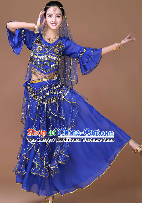 Indian Sexy Dance Clothing Belly Dance Training Royalblue Uniforms Bollywood Dance Sequins Blouse and Skirt