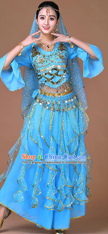 Indian Bollywood Dance Sequins Blouse and Skirt Sexy Dance Clothing Belly Dance Training Blue Uniforms