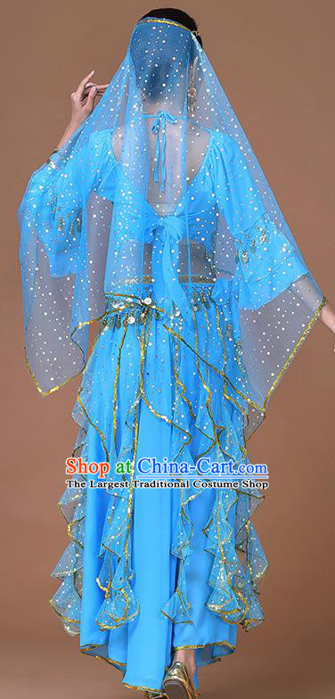 Indian Bollywood Dance Sequins Blouse and Skirt Sexy Dance Clothing Belly Dance Training Blue Uniforms