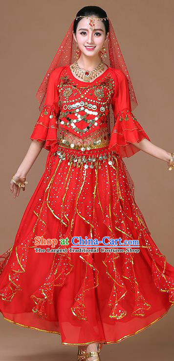 Indian Bollywood Sexy Dance Clothing Princess Dance Sequins Blouse and Skirt Belly Dance Red Uniforms