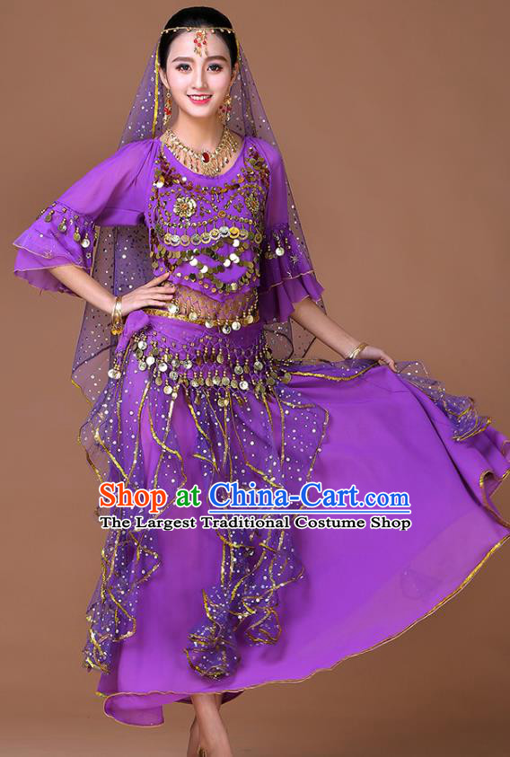Indian Belly Dance Purple Uniforms Bollywood Sexy Dance Clothing Princess Dance Sequins Blouse and Skirt