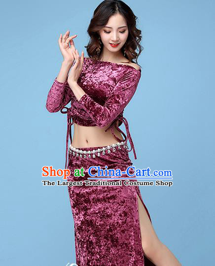 Professional Indian Belly Dance Blouse and Skirt Asian Oriental Dance Purple Velvet Apparels Stage Performance Costume