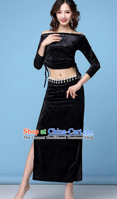Professional Stage Performance Costume Indian Belly Dance Blouse and Skirt Asian Oriental Dance Black Velvet Apparels