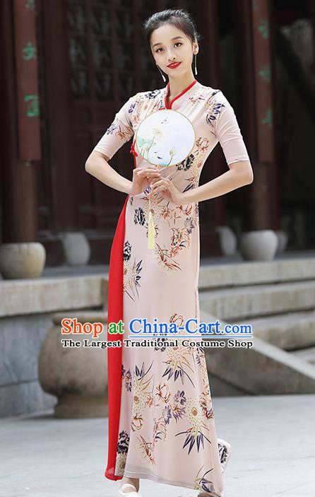 China Classical Dance Clothing Palace Fan Dance Printing Qipao Dress Stage Performance Dancewear