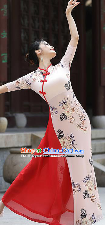 China Classical Dance Clothing Palace Fan Dance Printing Qipao Dress Stage Performance Dancewear