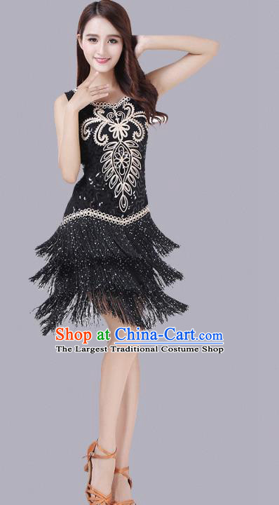 Top Stage Performance Dancewear Modern Dance Competition Clothing Latin Dance Black Tassel Dress