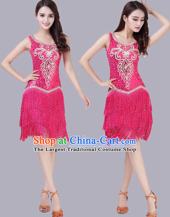 Top Woman Stage Performance Dancewear Modern Dance Clothing Latin Dance Competition Rosy Tassel Dress