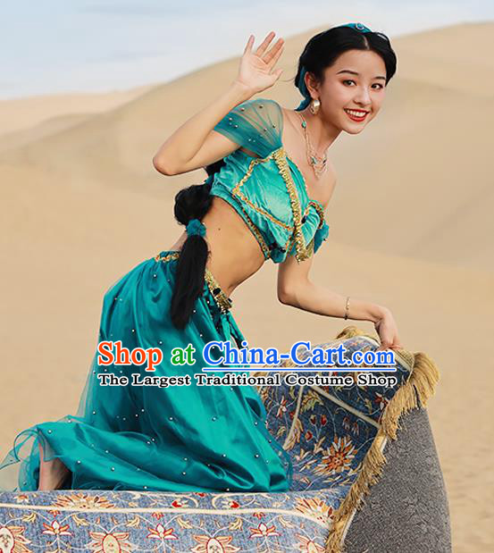 Asian Belly Dance Uniforms Bollywood Jasmine Princess Clothing Indian Dance Performance Green Top and Pants