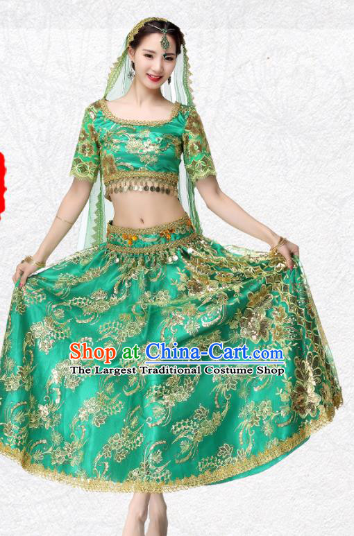 Indian Embroidered Green Blouse and Skirt Traditional Dance Dress Clothing Asian Bollywood Performance Costume