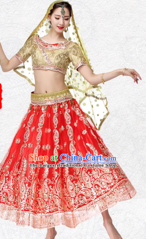 Indian Belly Dance Costume Golden Top and Red Skirt Asian Traditional Bollywood Performance Dress