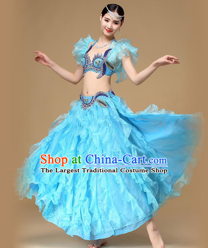 Asian Oriental Dance Blue Uniforms Indian Dance Sexy Clothing Belly Dance Performance Bra and Skirt