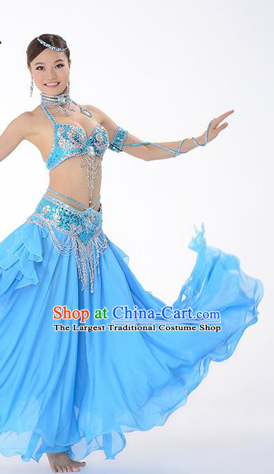 Traditional Indian Belly Dance Performance Blue Uniforms Asian Oriental Dance Dress Costume