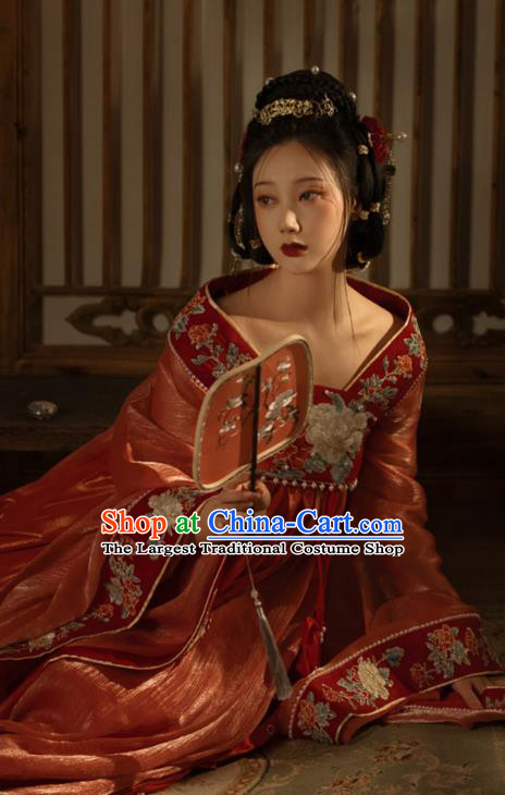 China Traditional Jin Dynasty Imperial Concubine Historical Clothing Ancient Court Woman Red Hanfu Dress Garments