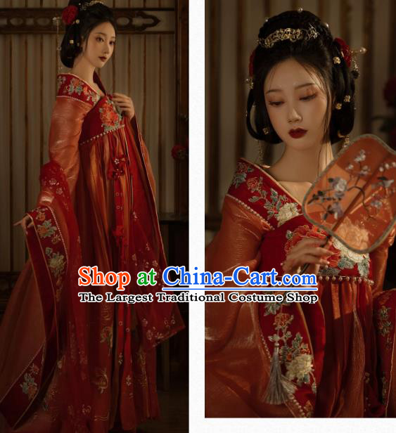 China Traditional Jin Dynasty Imperial Concubine Historical Clothing Ancient Court Woman Red Hanfu Dress Garments