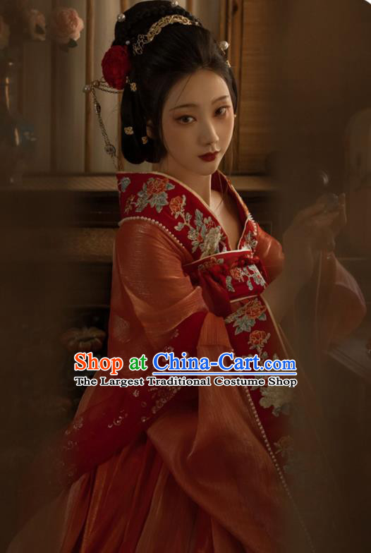 China Traditional Jin Dynasty Imperial Concubine Historical Clothing Ancient Court Woman Red Hanfu Dress Garments