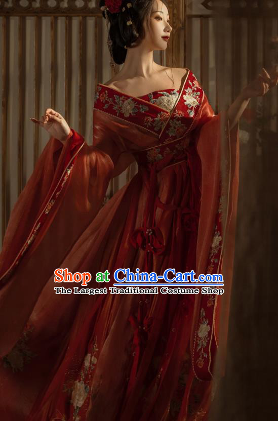 China Traditional Jin Dynasty Imperial Concubine Historical Clothing Ancient Court Woman Red Hanfu Dress Garments