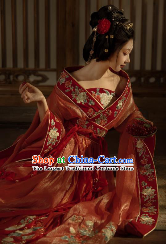 China Traditional Jin Dynasty Imperial Concubine Historical Clothing Ancient Court Woman Red Hanfu Dress Garments