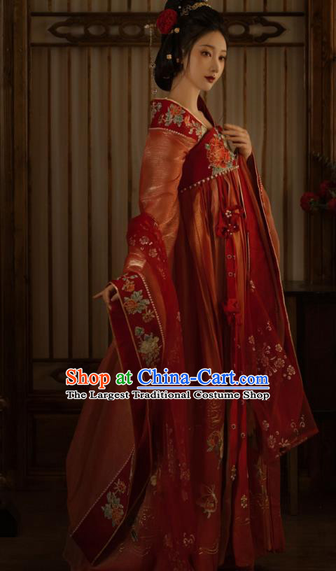 China Traditional Jin Dynasty Imperial Concubine Historical Clothing Ancient Court Woman Red Hanfu Dress Garments