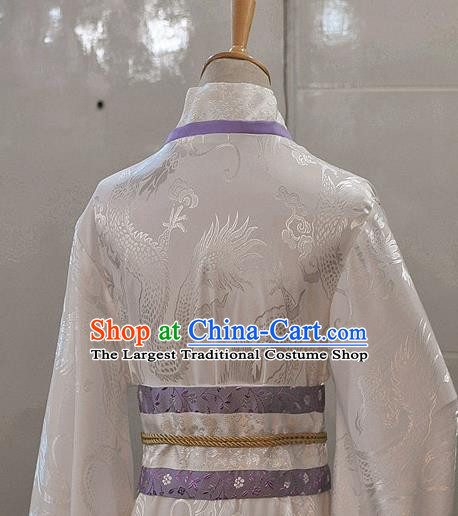 Chinese Han Dynasty Scholar Garment Costumes Ancient Nobility Childe Hanfu Clothing Drama Cosplay Crown Prince White Apparels