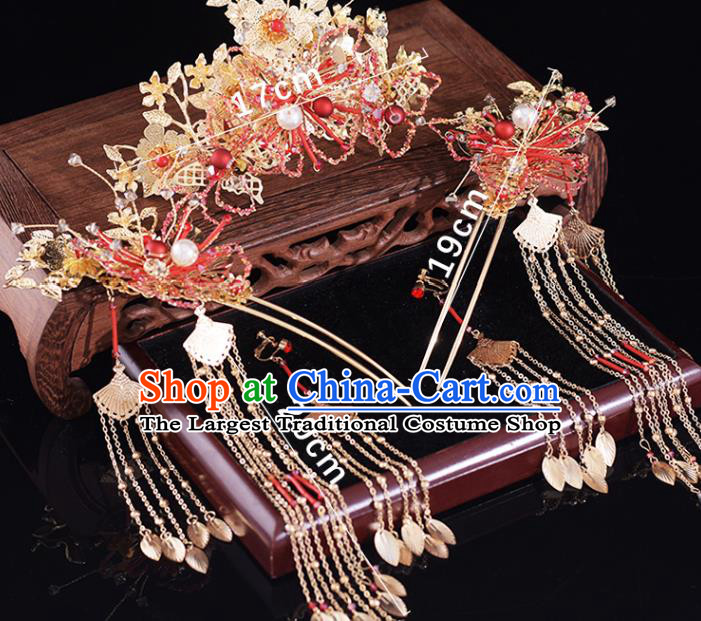 Chinese Traditional Wedding Hair Accessories Classical Xiuhe Suit Hair Crown and Tassel Hairpins Bride Headdress