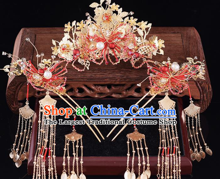 Chinese Traditional Wedding Hair Accessories Classical Xiuhe Suit Hair Crown and Tassel Hairpins Bride Headdress