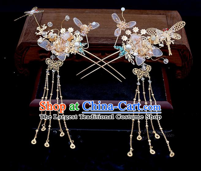 Chinese Traditional Wedding Hair Accessories Xiuhe Suit Golden Dragonfly Hair Comb Hairpins Classical Bride Headdress