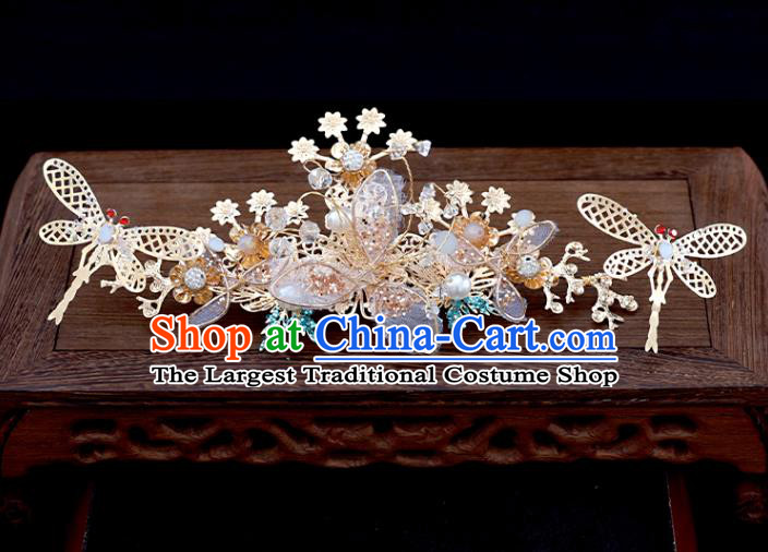 Chinese Traditional Wedding Hair Accessories Xiuhe Suit Golden Dragonfly Hair Comb Hairpins Classical Bride Headdress