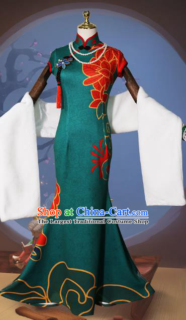 China Traditional Green Qipao Dress Garment Cosplay Game Young Beauty Clothing