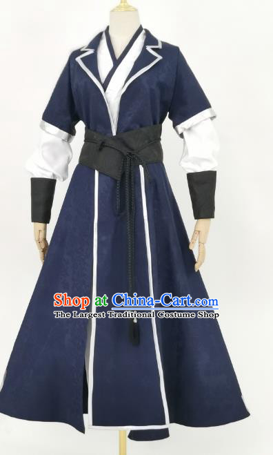 Chinese Qin Dynasty Knight Garment Costumes Ancient Swordsman Navy Clothing Cosplay Young Hero Mo Ran Apparels