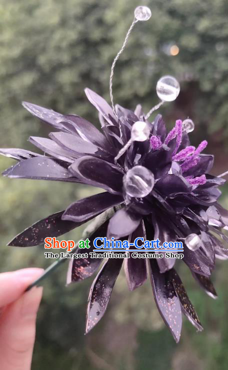 Chinese Traditional Tang Dynasty Swordswoman Headwear Ancient Fairy Purple Chrysanthemum Hairpin Hair Accessories