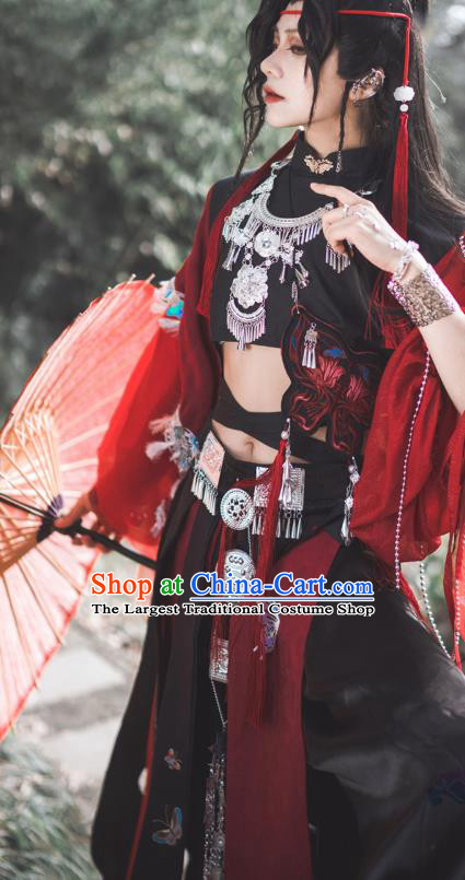 China Cosplay Character Miao Ethnic Clothing Traditional Ancient Fairy Red Dress Garment