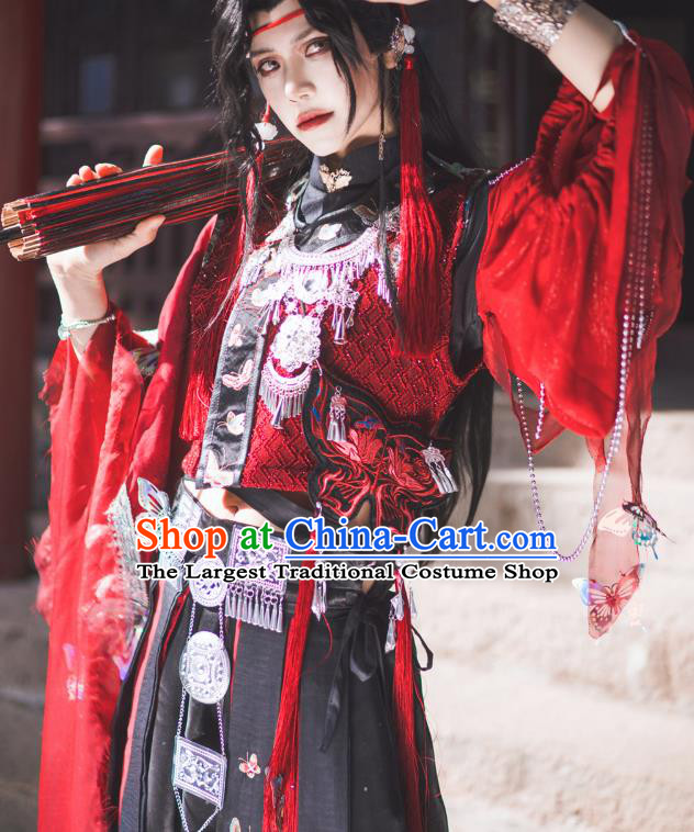 China Cosplay Character Miao Ethnic Clothing Traditional Ancient Fairy Red Dress Garment