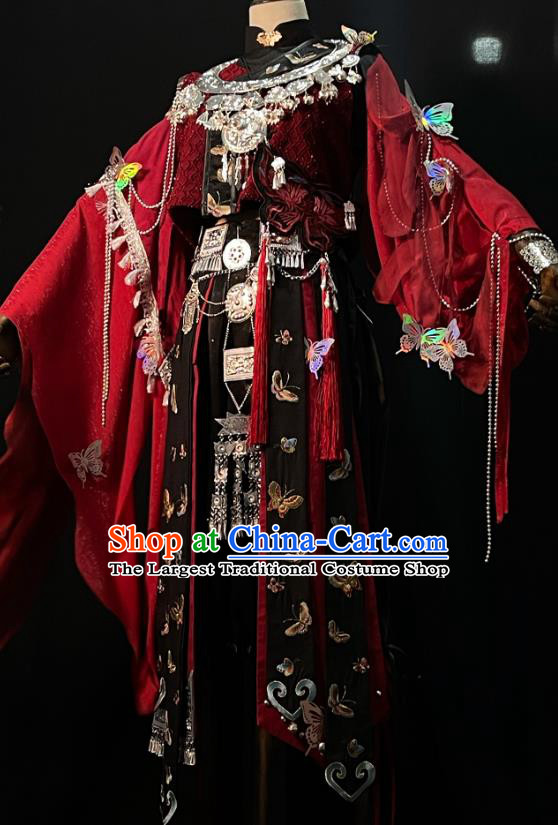 China Cosplay Character Miao Ethnic Clothing Traditional Ancient Fairy Red Dress Garment