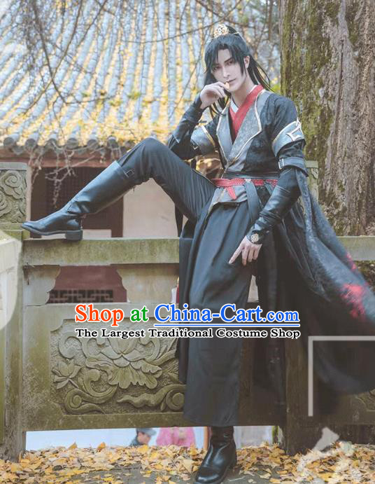 Chinese Cosplay Swordsman Helan Que Apparels Ancient Young Man Garment Costumes Qin Dynasty Knight Black Clothing